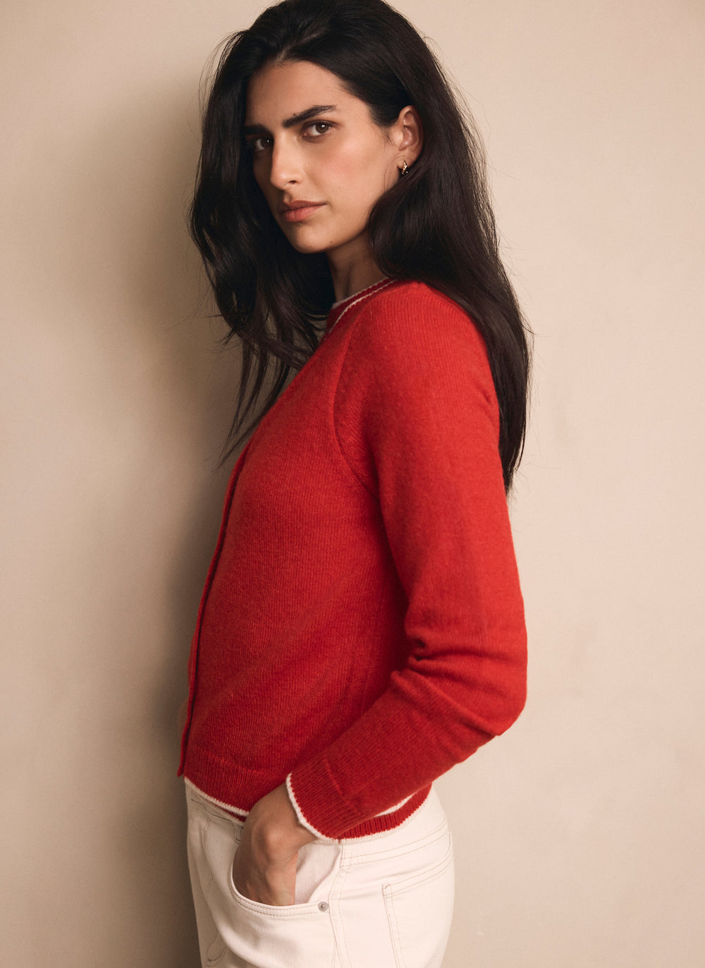 Red Layered Tipped Knit Cardigan