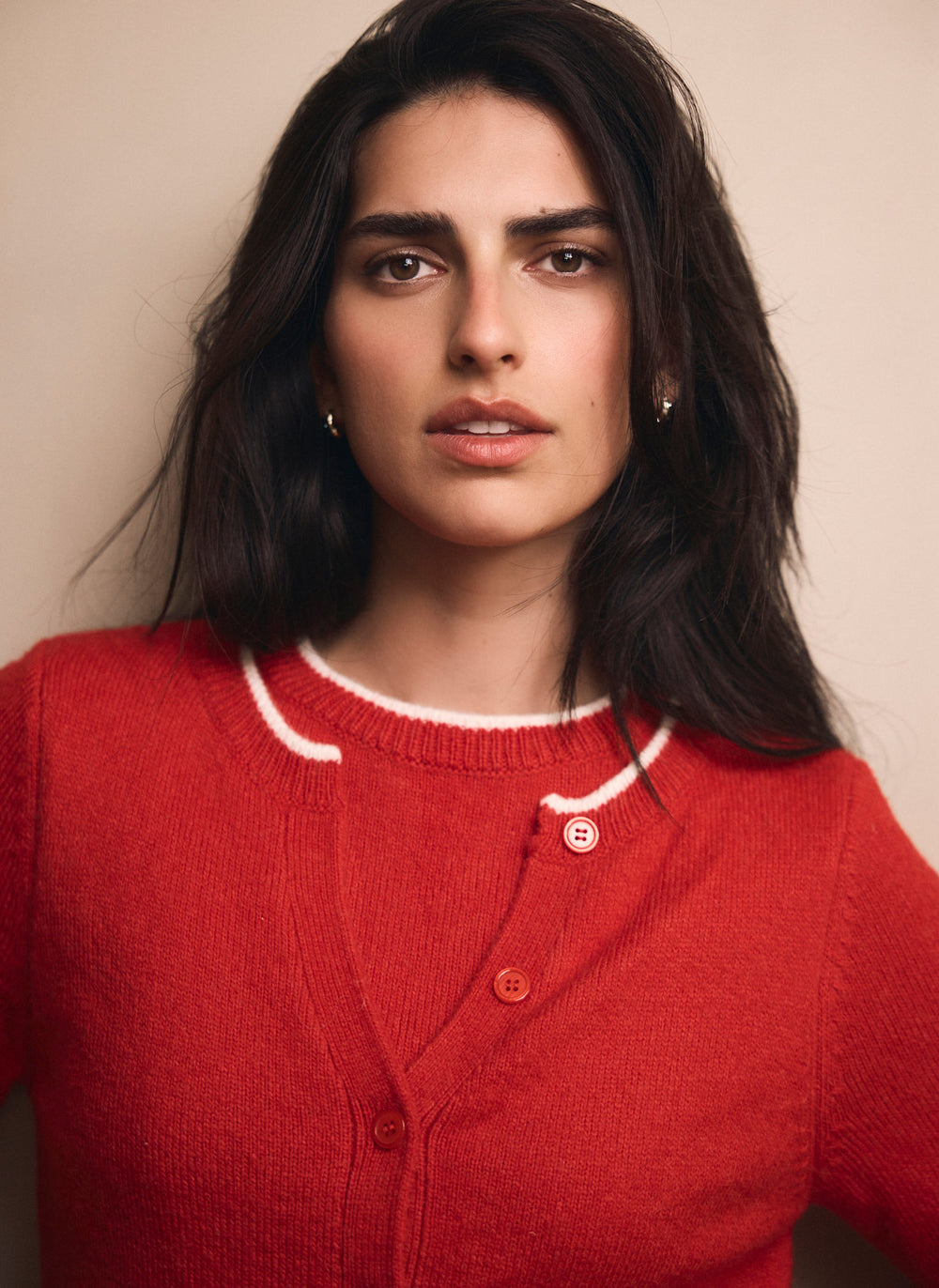 Red Layered Tipped Knit Cardigan