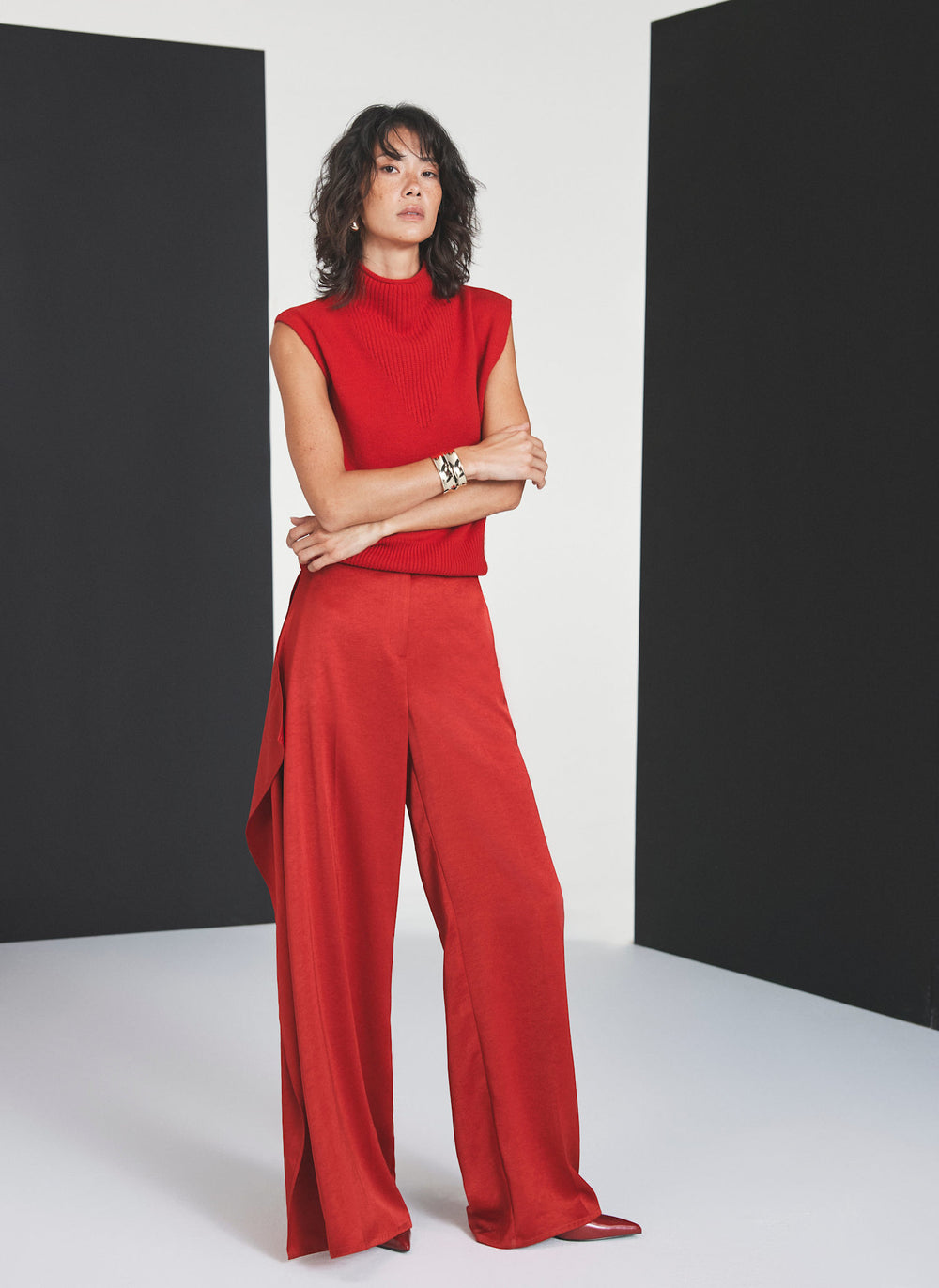 Red Drape Detail Trousers
