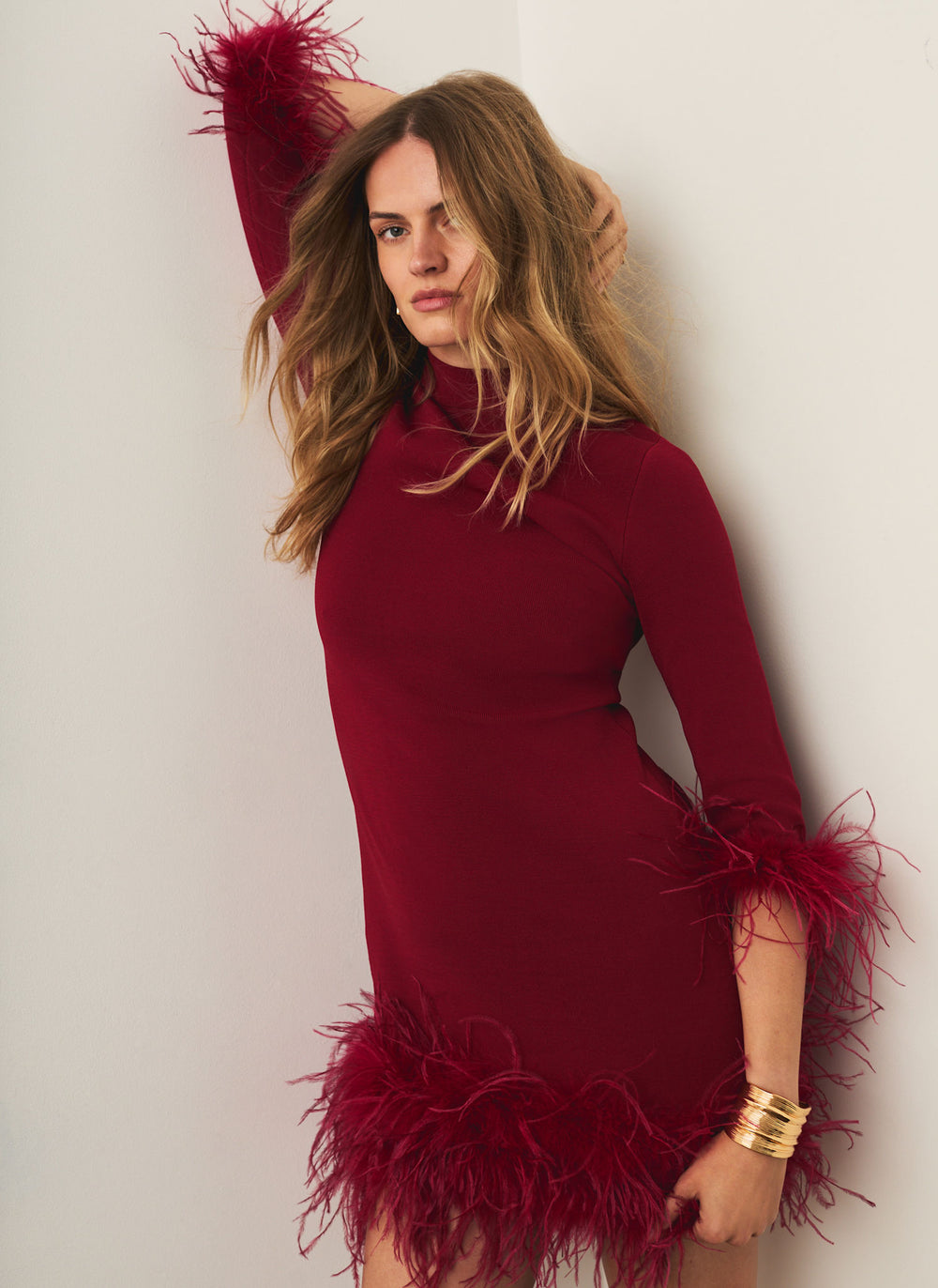 Red Feather Trim Mini Dress