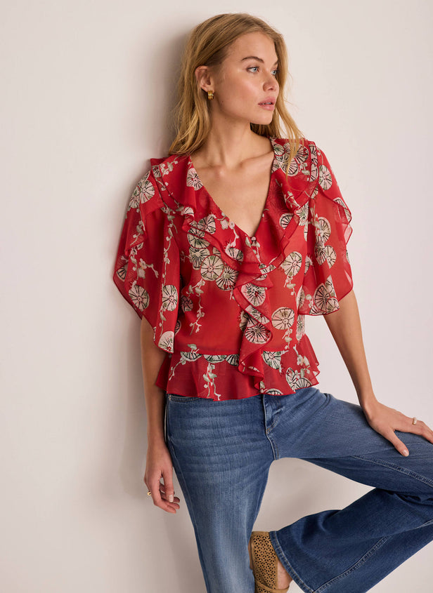 Red Printed Ruffle Blouse – Mint Velvet