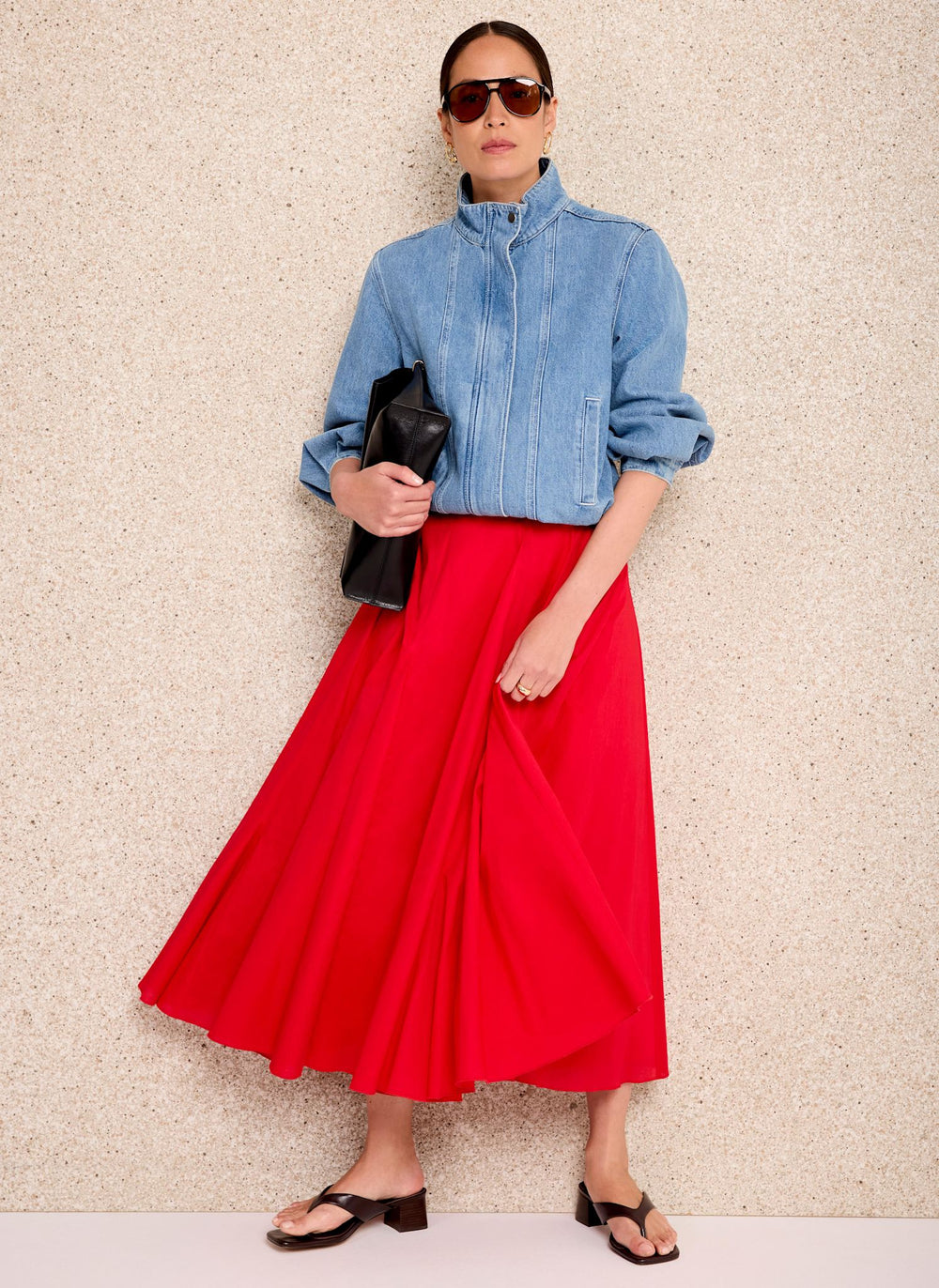 Red Cotton Full Midi Skirt