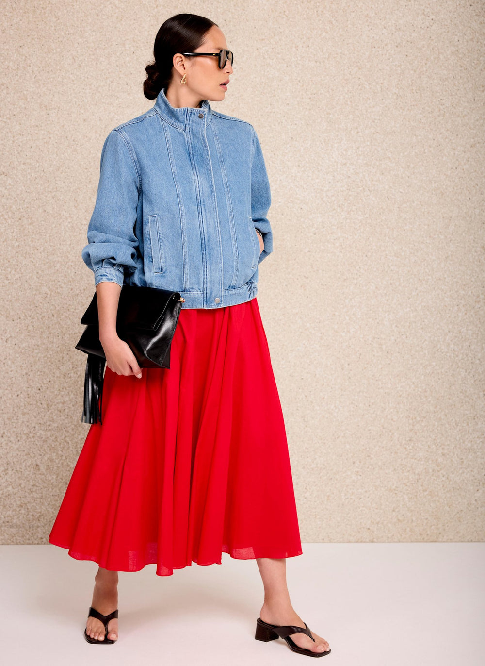 Red Cotton Full Midi Skirt