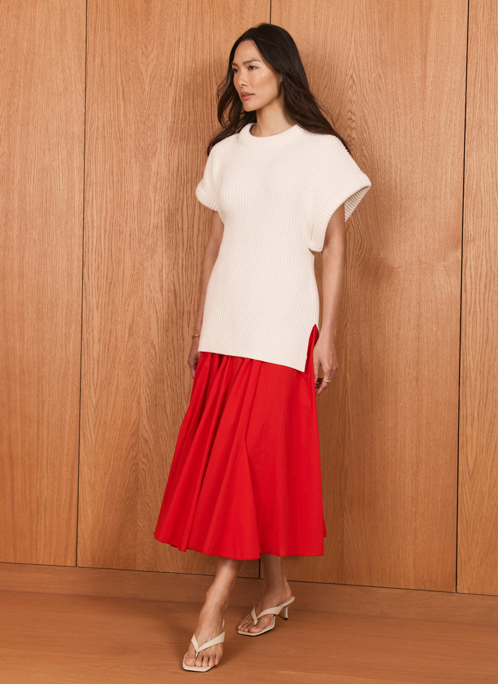 Red Cotton Full Midi Skirt