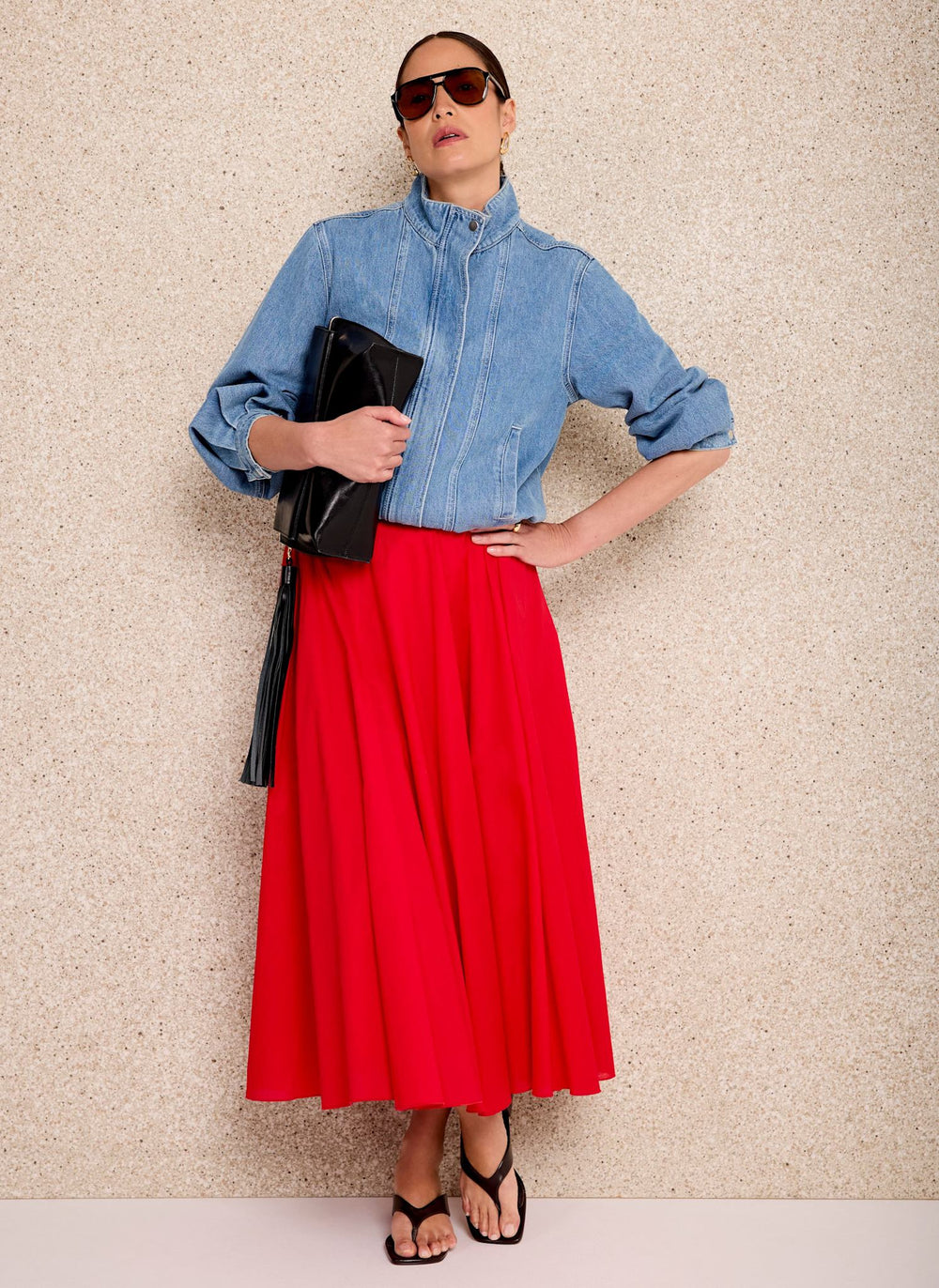 Red Cotton Full Midi Skirt