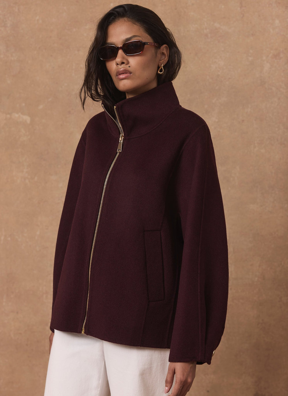 Burgundy Wool Blend Hand Finished Bomber Jacket