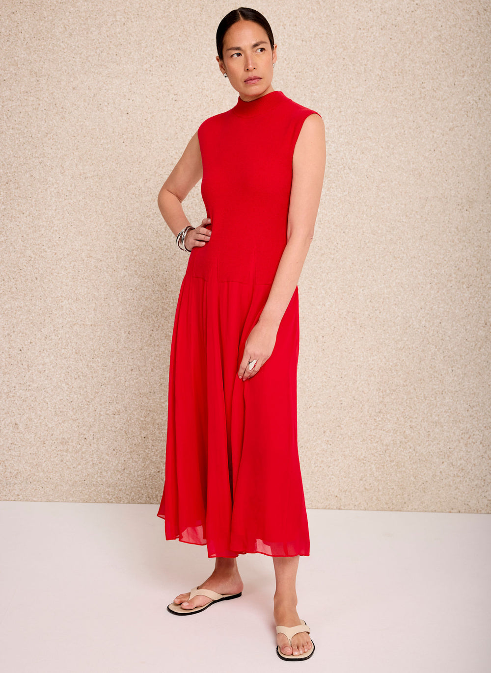 Red Sleeveless Knit Midi Dress