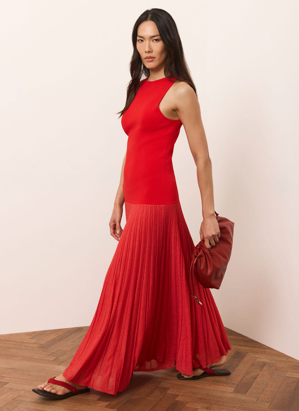 Red Knit Pleated Maxi Dress