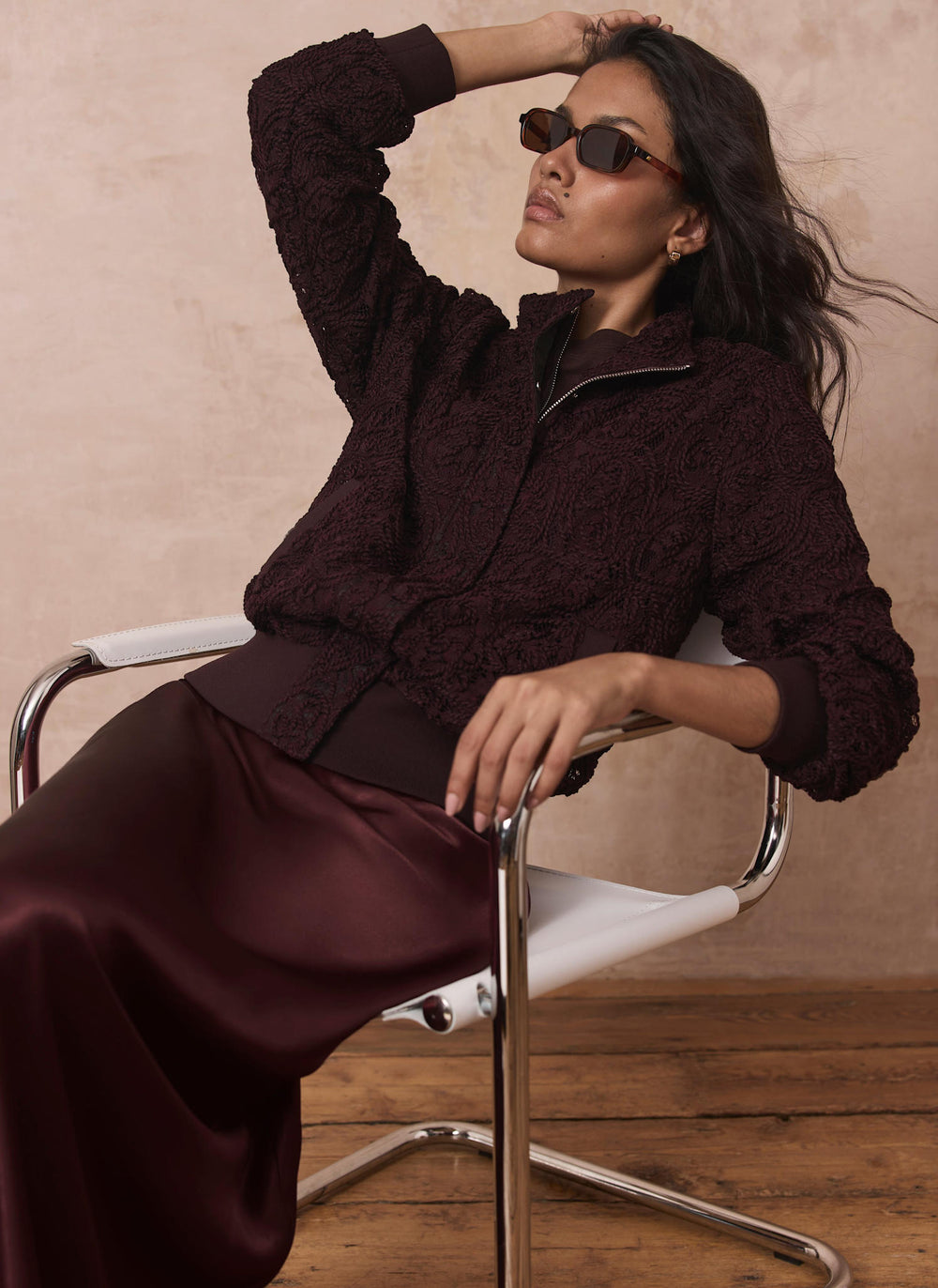 Burgundy Embroidered Lace Bomber Jacket