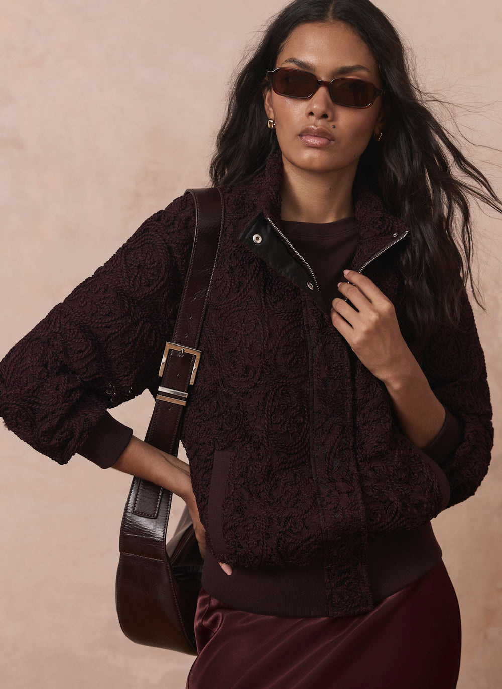 Burgundy Embroidered Lace Bomber Jacket