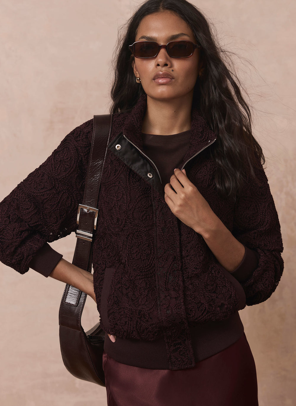 Burgundy Embroidered Lace Bomber Jacket