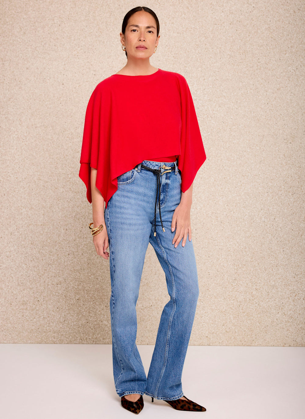 Red Layered Poncho Knit Top