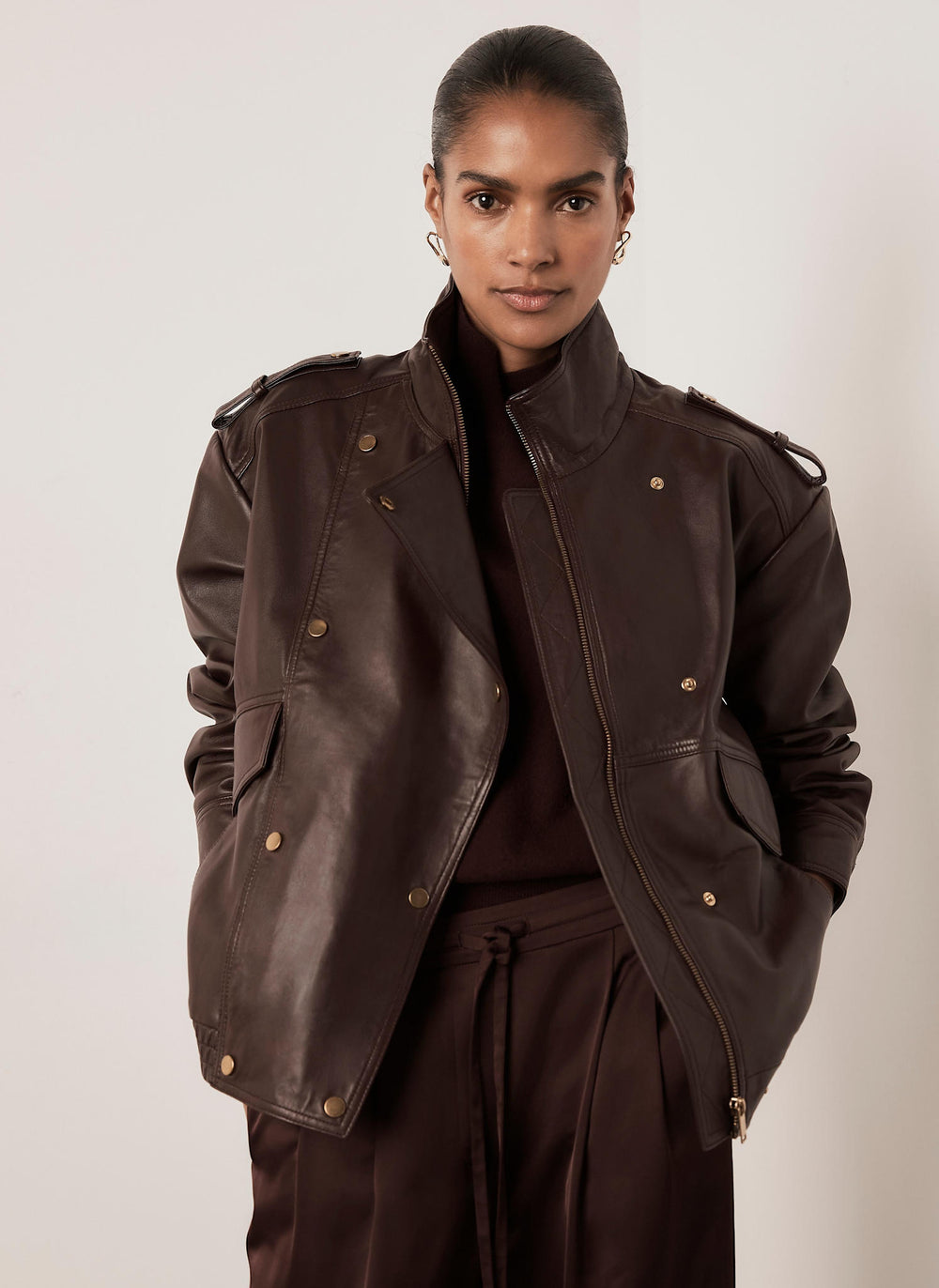 Burgundy Leather Oversized Bomber Jacket