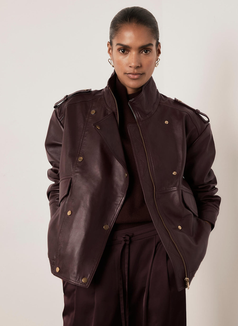 Burgundy Leather Oversized Bomber Jacket