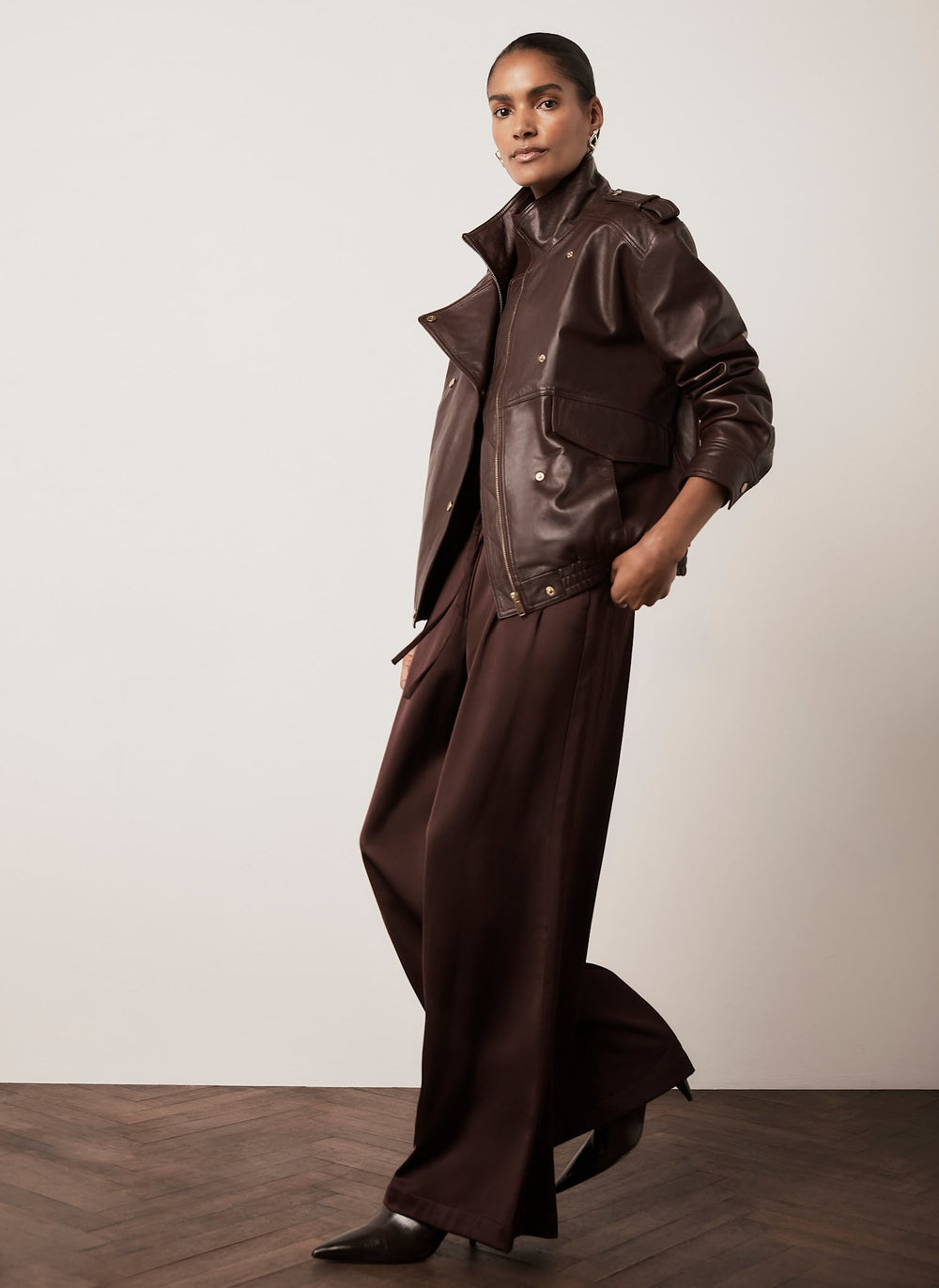 Burgundy Leather Oversized Bomber Jacket