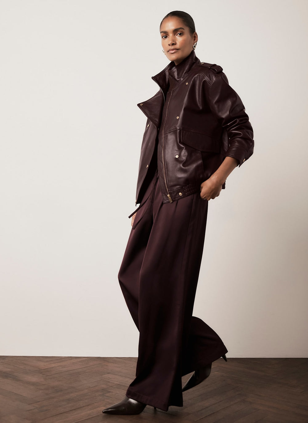 Burgundy Leather Oversized Bomber Jacket