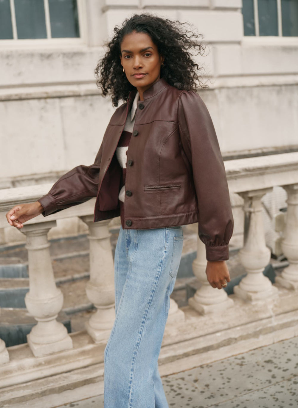 Burgundy Leather Stand Collar Jacket