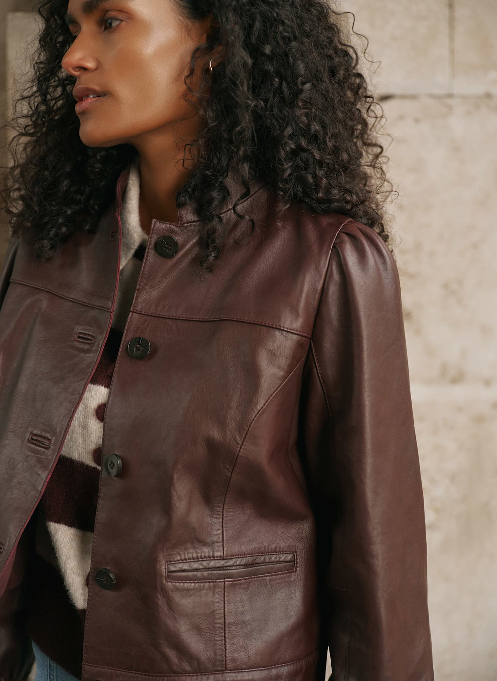 Burgundy Leather Stand Collar Jacket