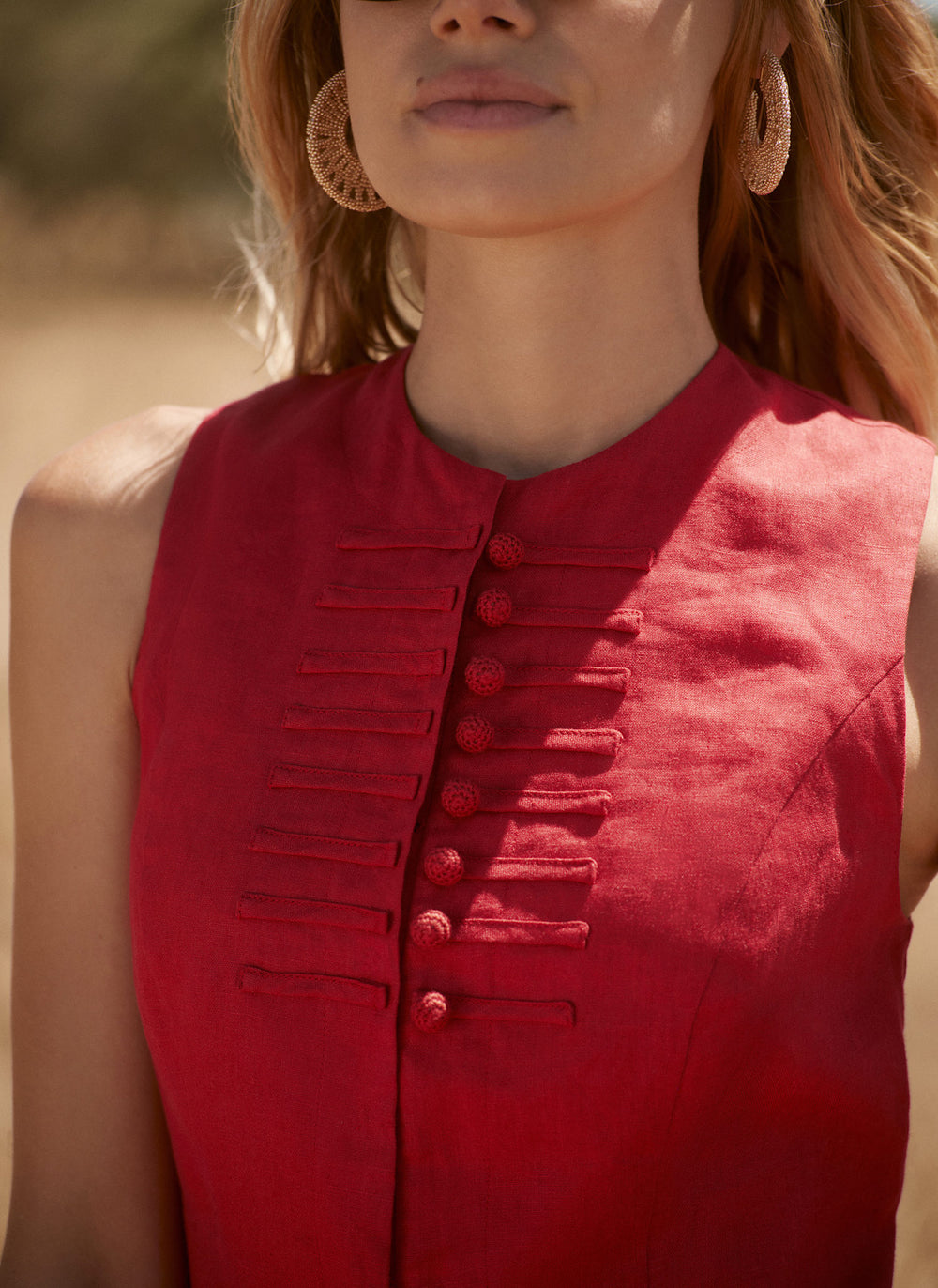 Red Linen Military Trim Top