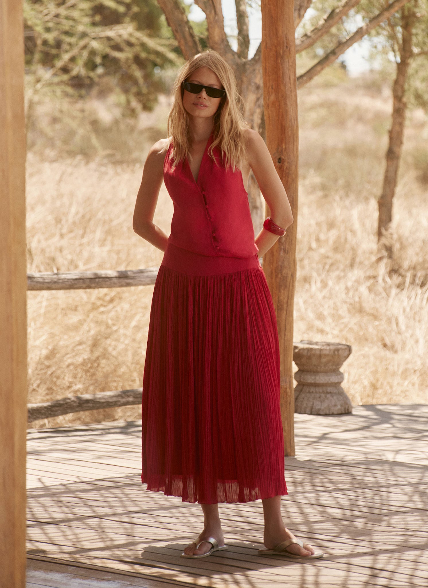 Red Drop Waist Crinkle Midi Skirt – Mint Velvet
