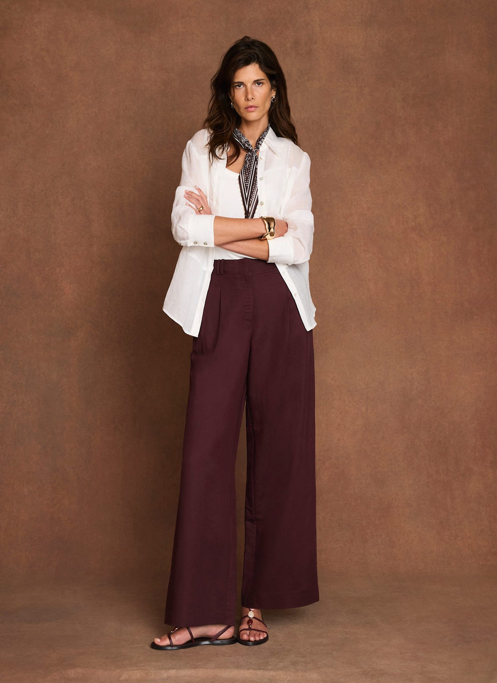 Burgundy Linen Blend Wide Leg Trousers