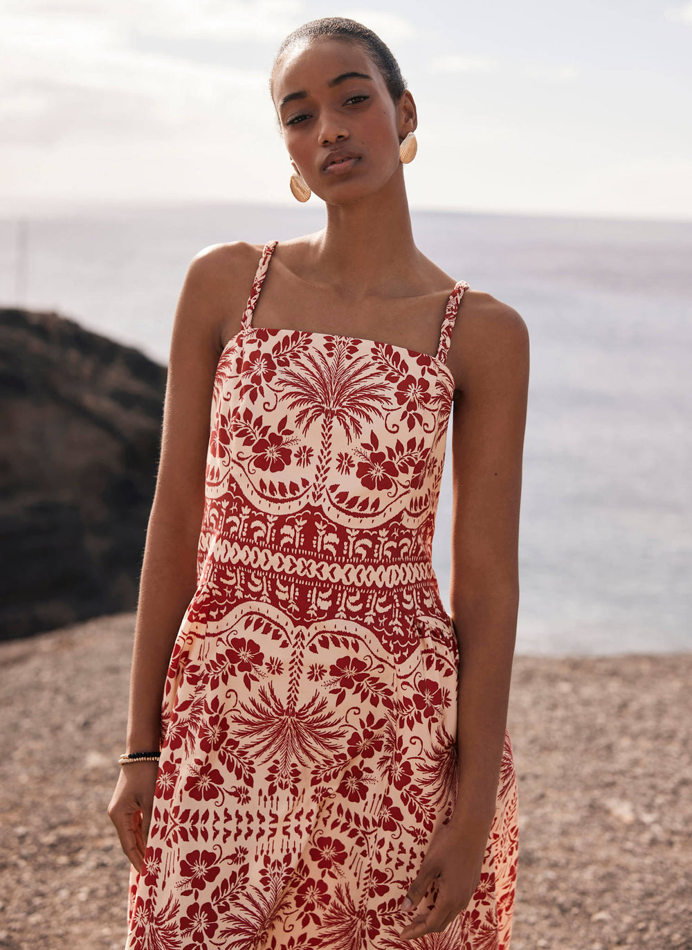 Red Palm Print Midi Dress