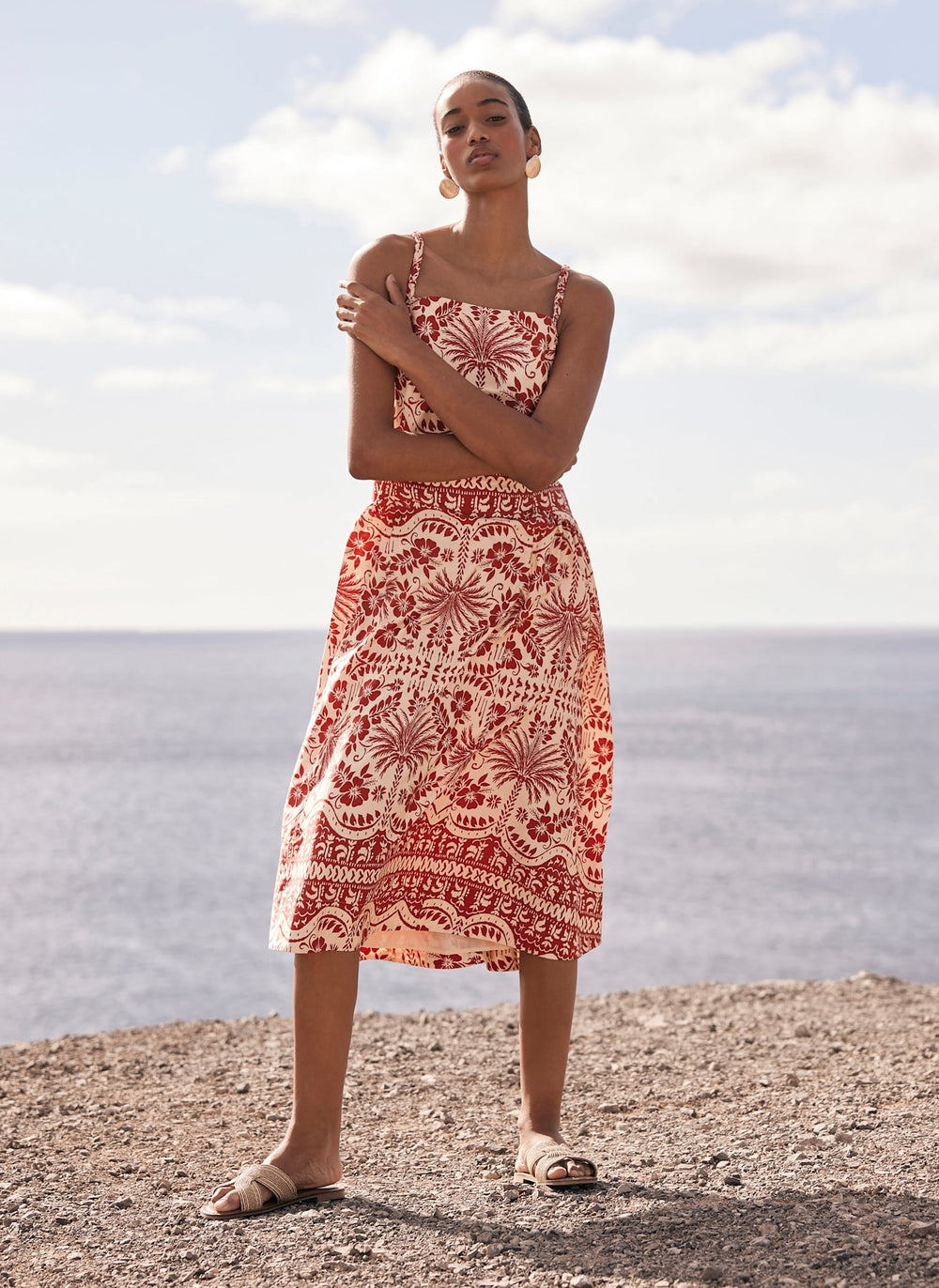 Red Palm Print Midi Dress