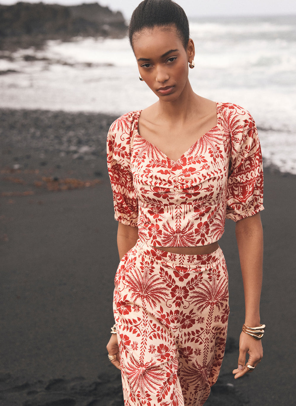 Red Printed Puff Sleeve Top