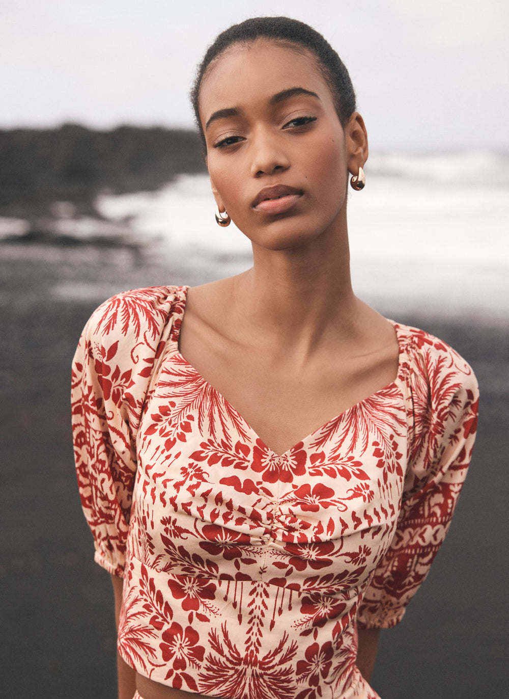 Red Printed Puff Sleeve Top