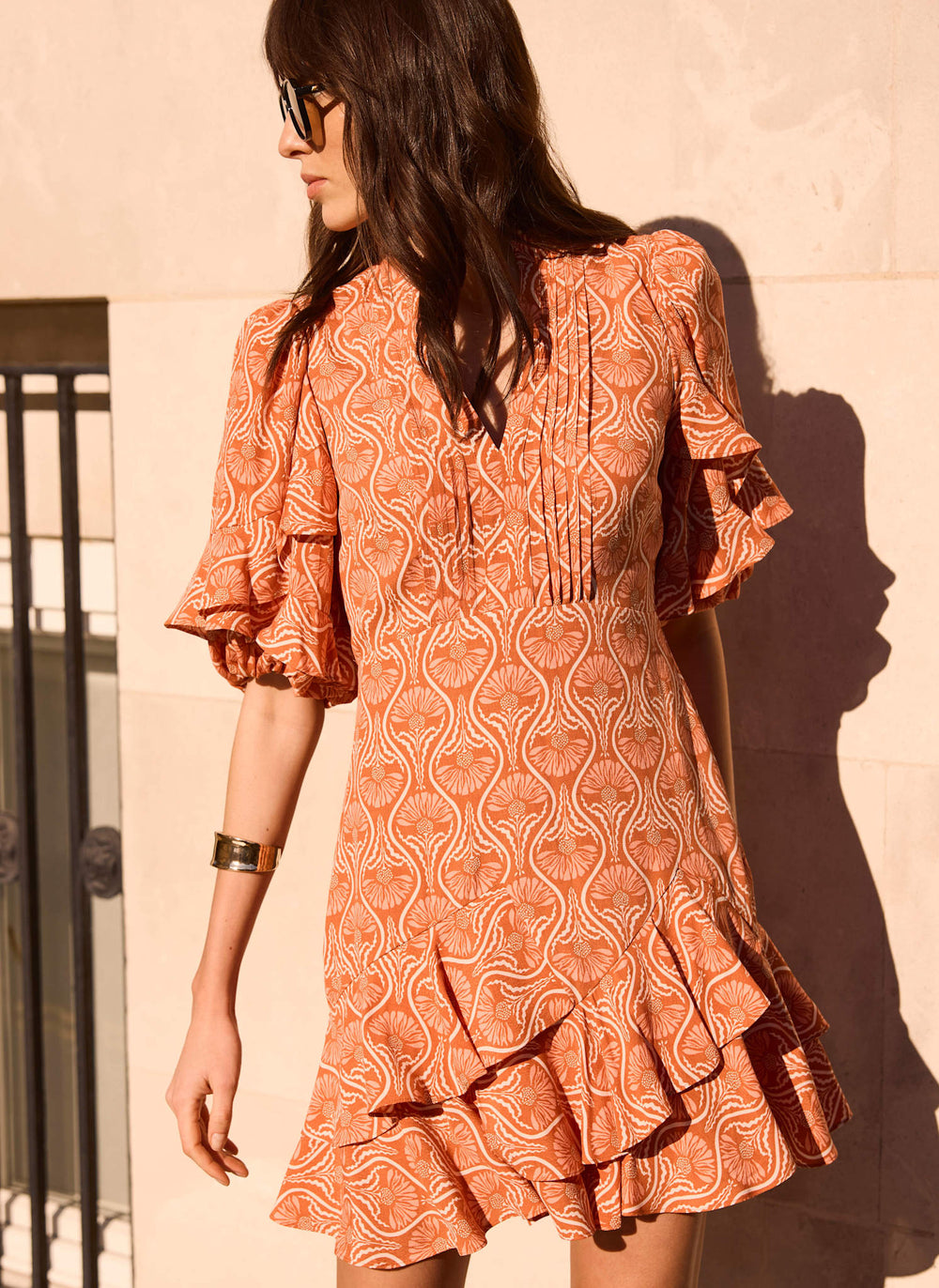 Orange Printed Ruffle Mini Dress