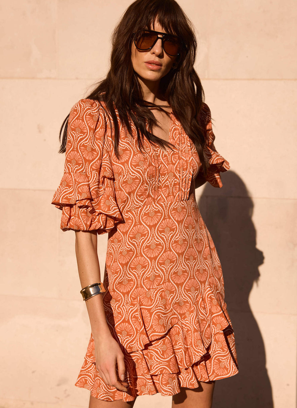 Orange Printed Ruffle Mini Dress