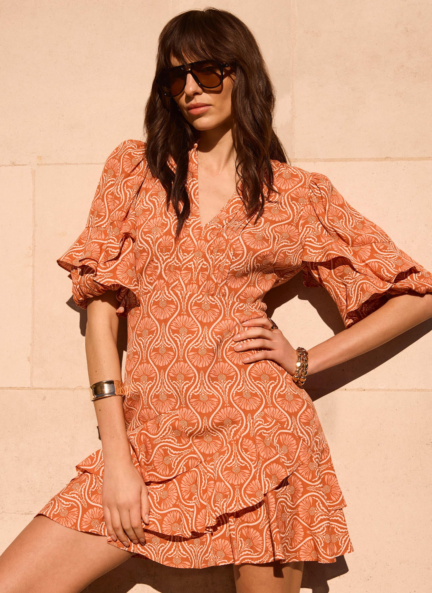 Orange Printed Ruffle Mini Dress – Mint Velvet