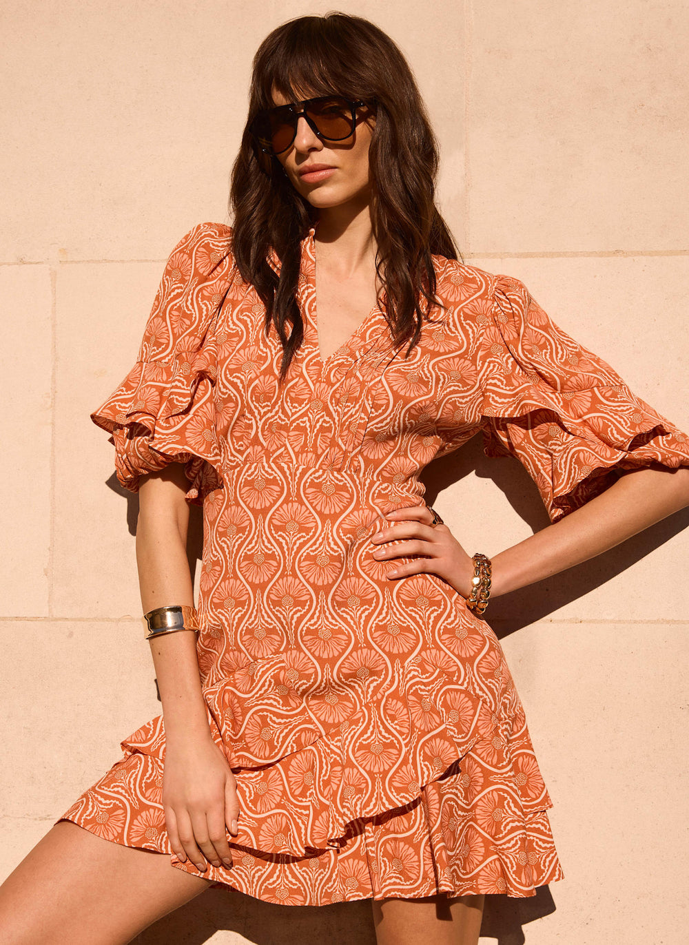 orange mini dress Mint Velvet Women's Printed Ruffle V-neck Mini Dress - Orange