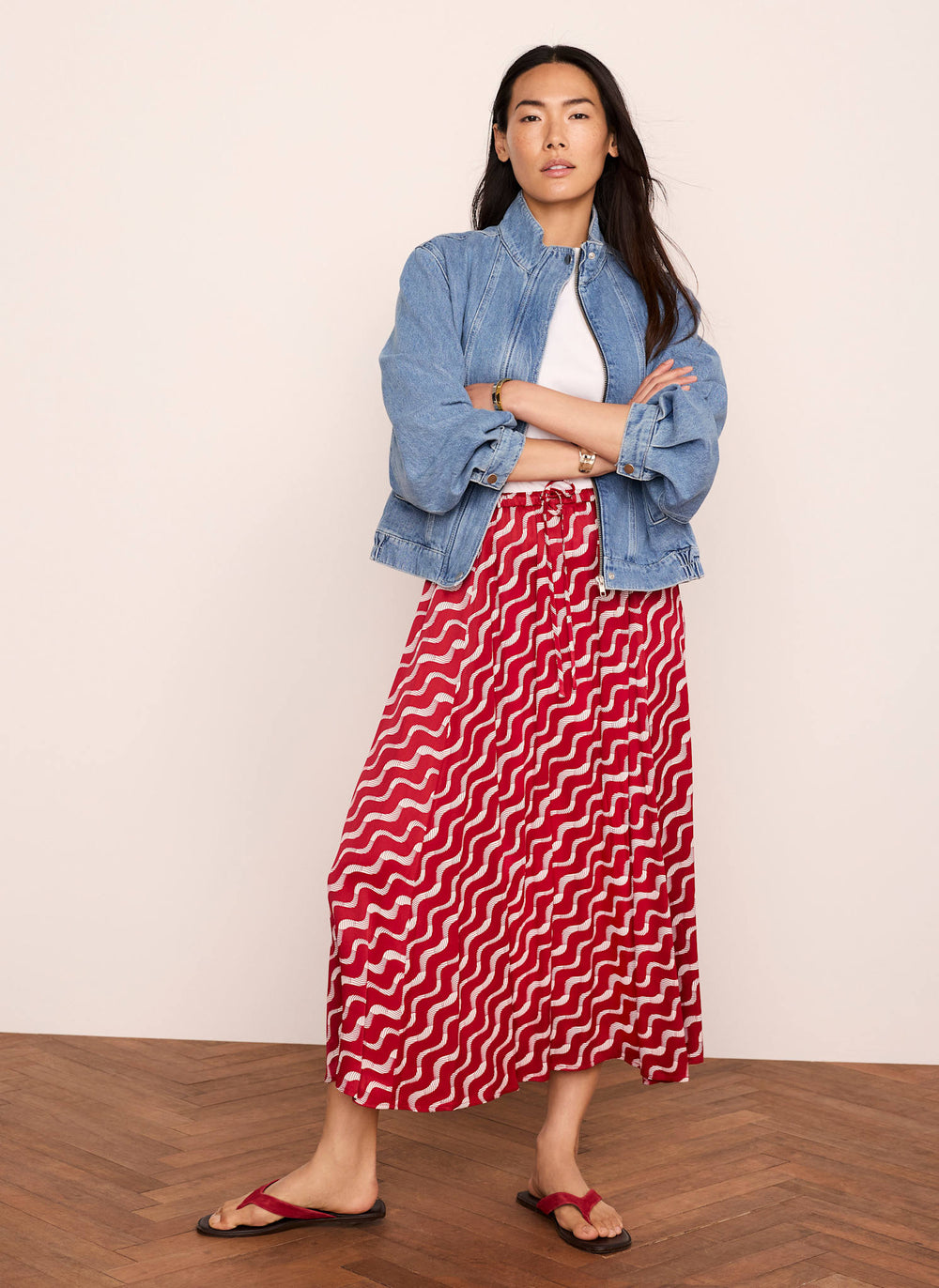 Red Satin Printed Maxi Skirt