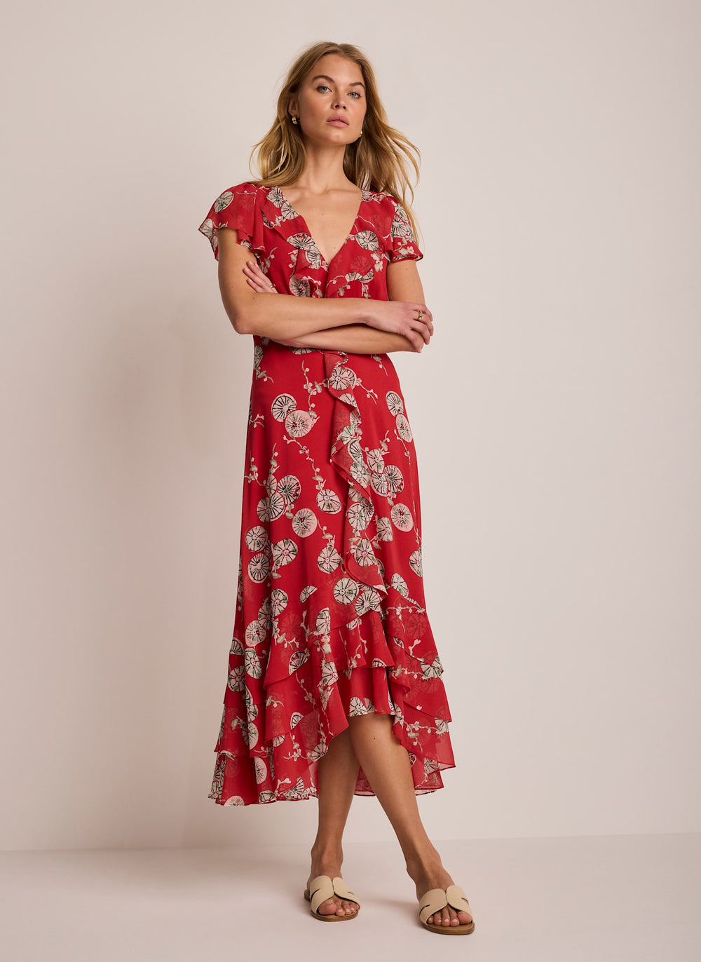 Red Floral Print Ruffle Midi Dress