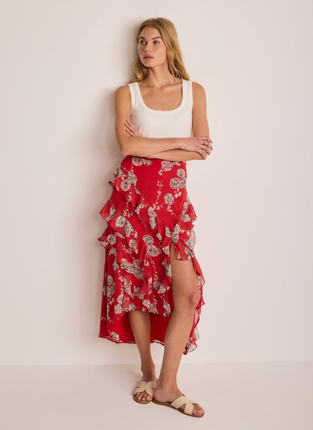 Red Printed Ruffle Maxi Skirt – Mint Velvet