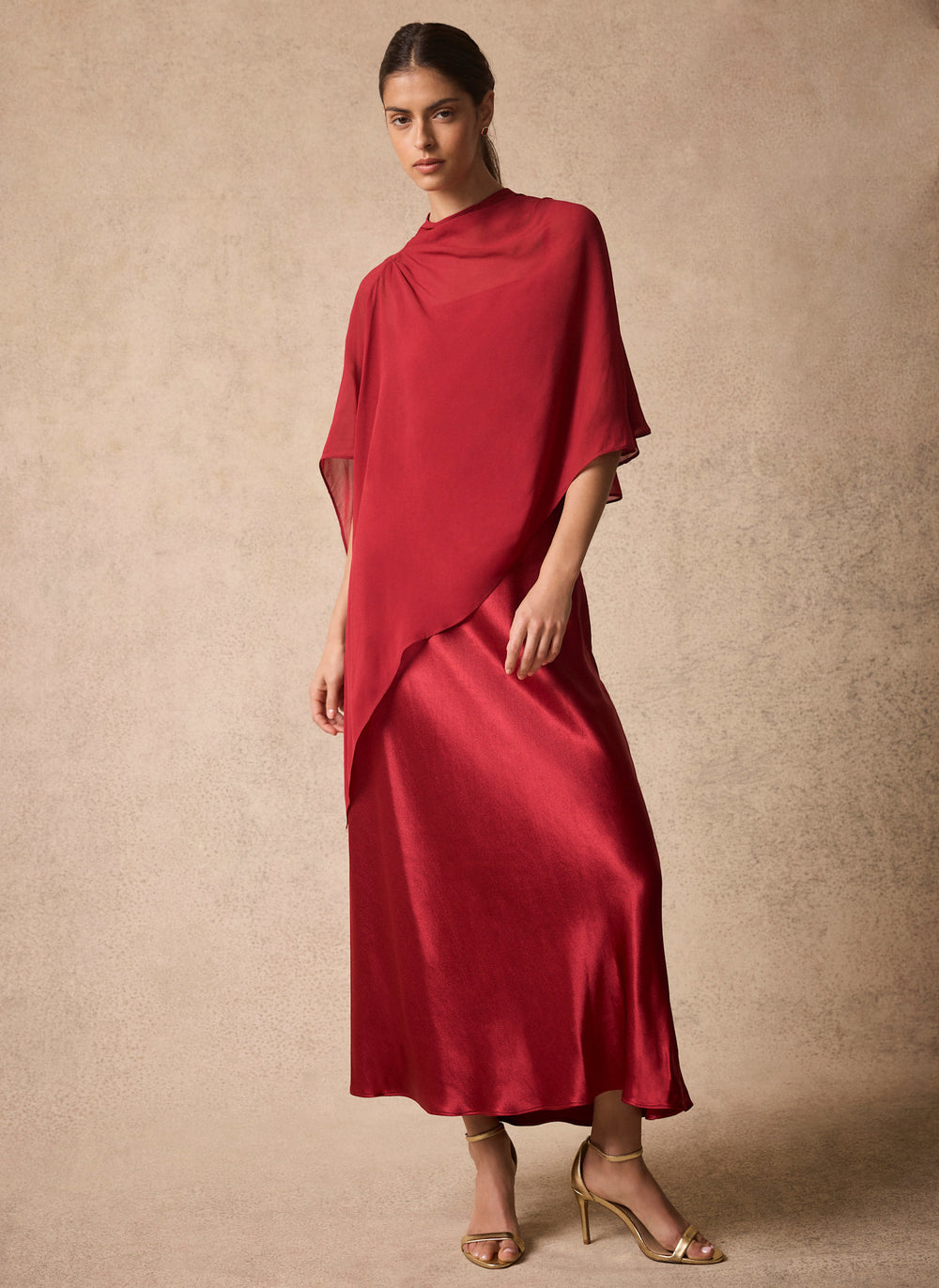 Red Satin Cape Detail Maxi Dress
