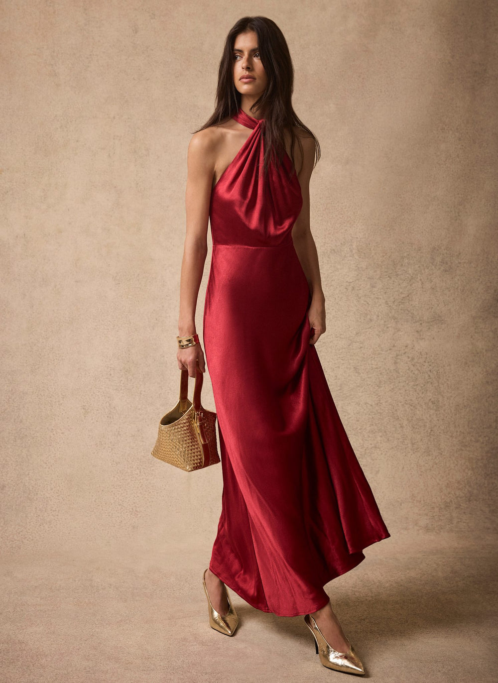 Red Satin Halter Midi Dress