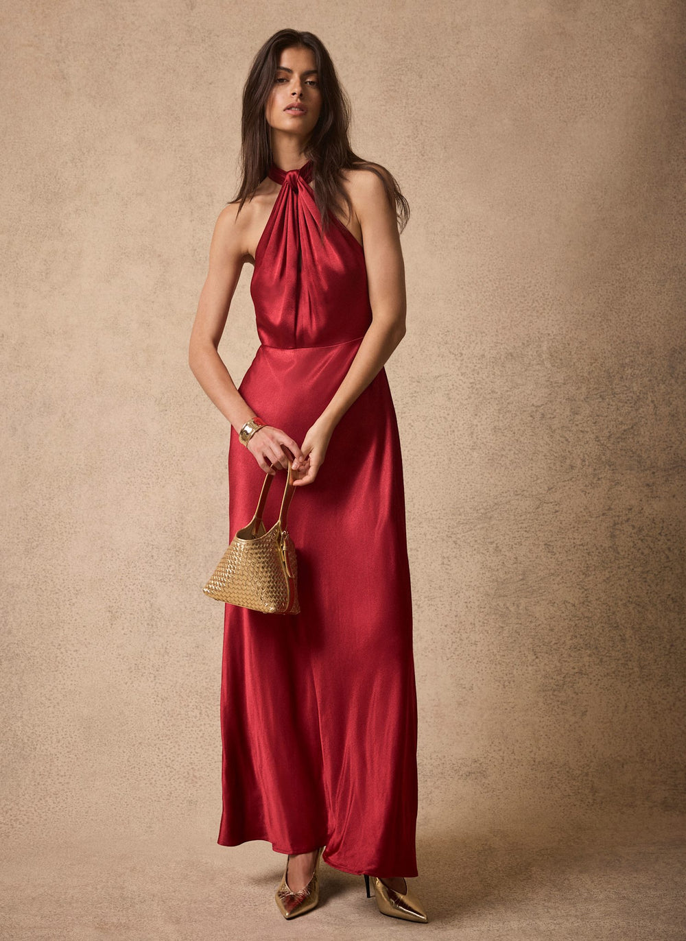 Red Satin Halter Midi Dress