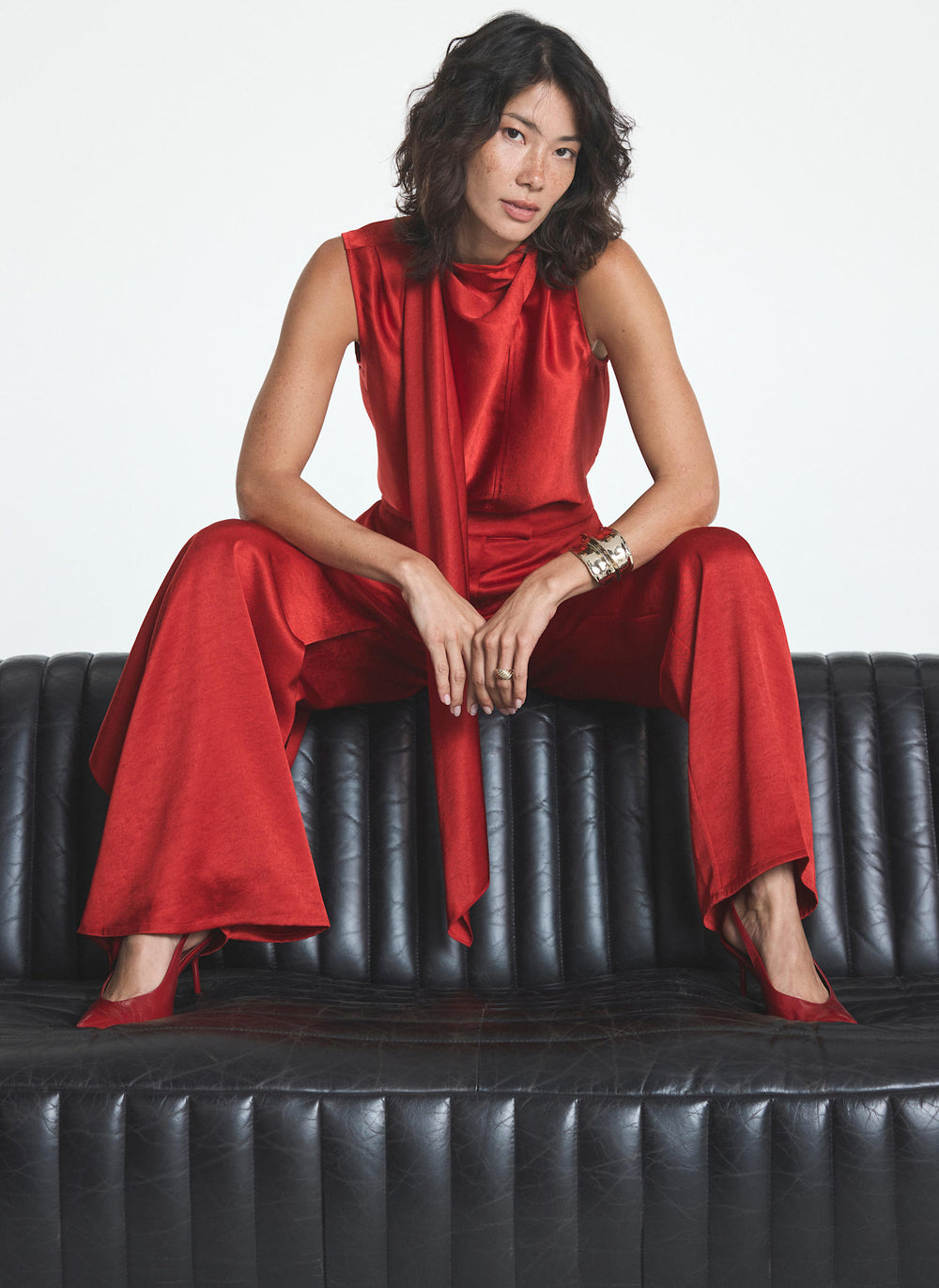 Red Satin Scarf Detail Top