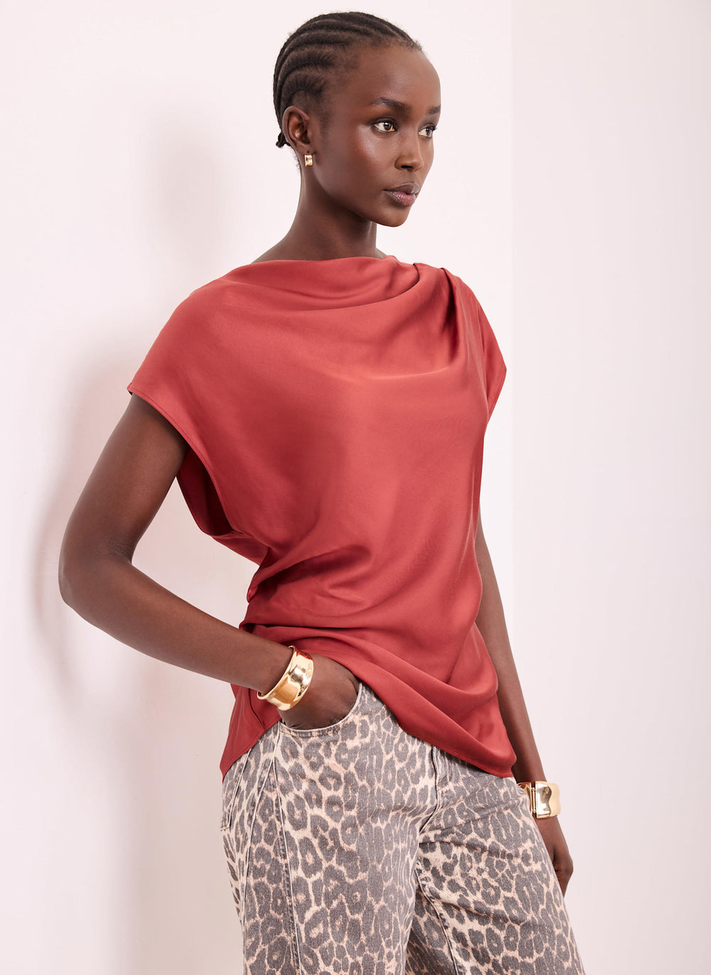 Red Satin Ruched Asymmetric Top
