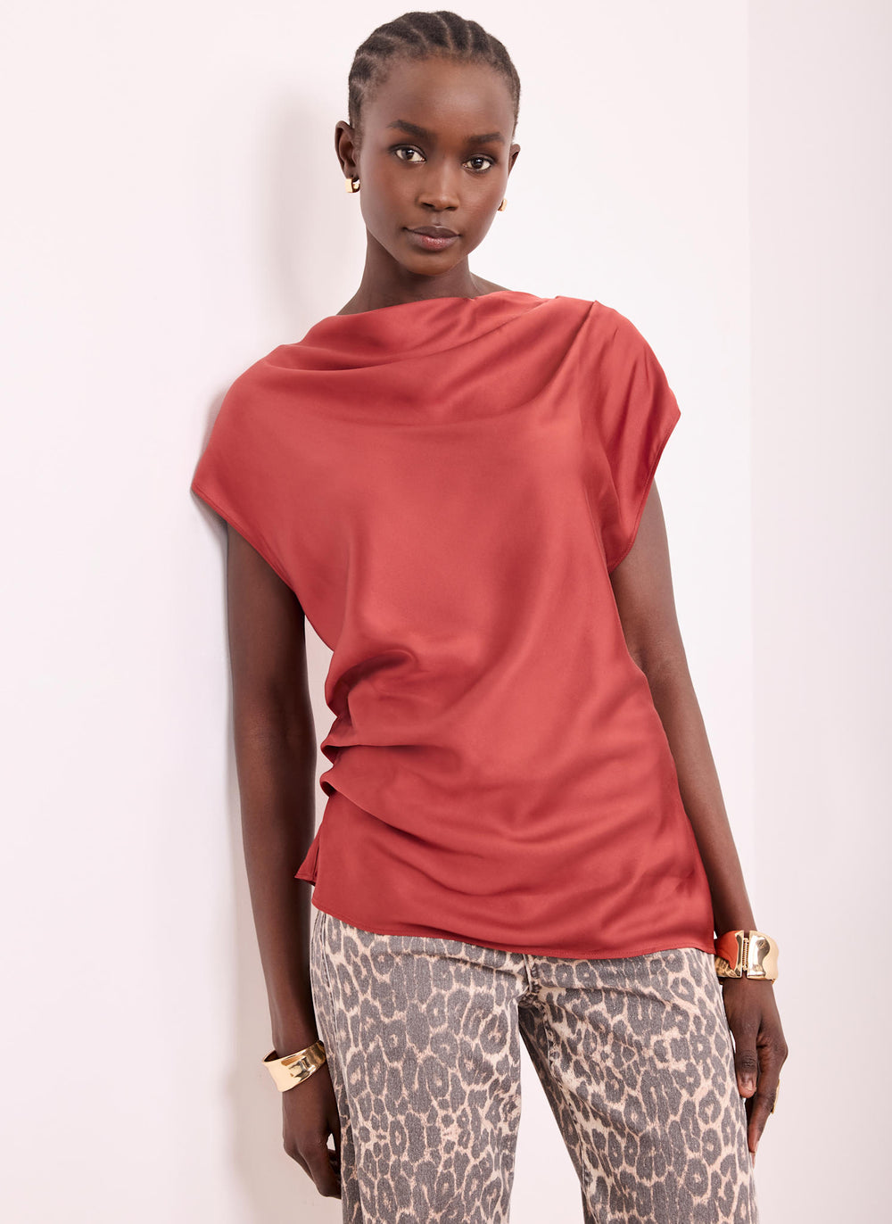 Red Satin Ruched Asymmetric Top