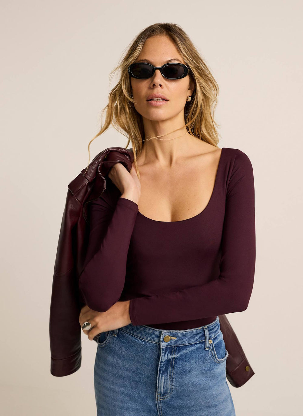 Burgundy Scoop Neck Long Sleeve Top