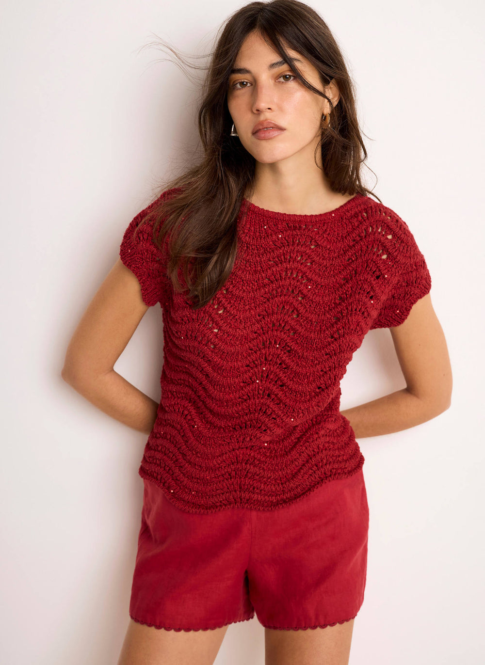 Red Embellished Crochet Knit Top