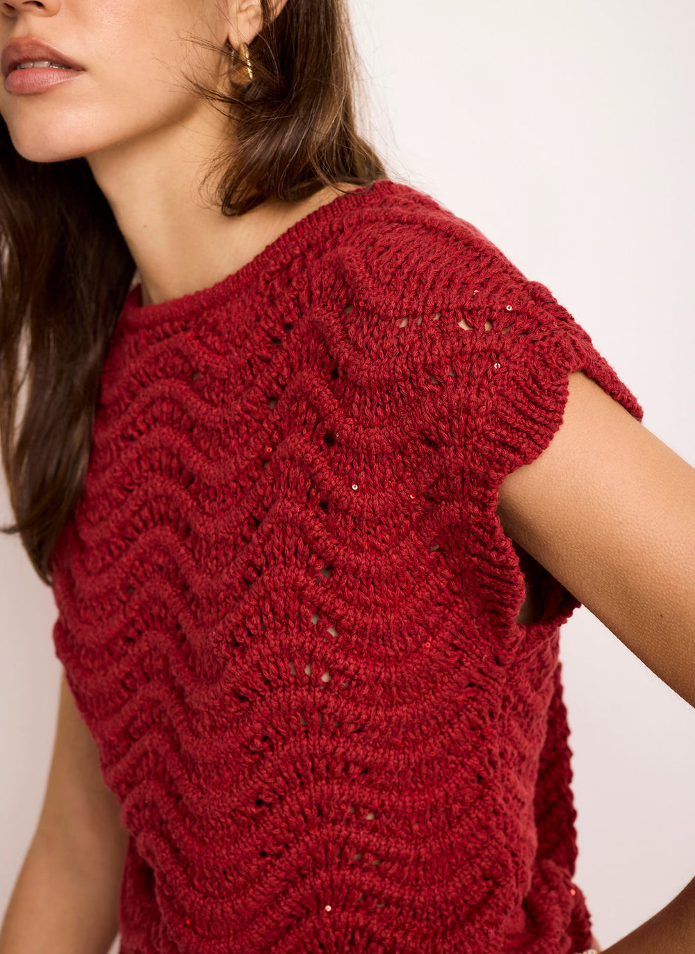 Red Embellished Crochet Knit Top