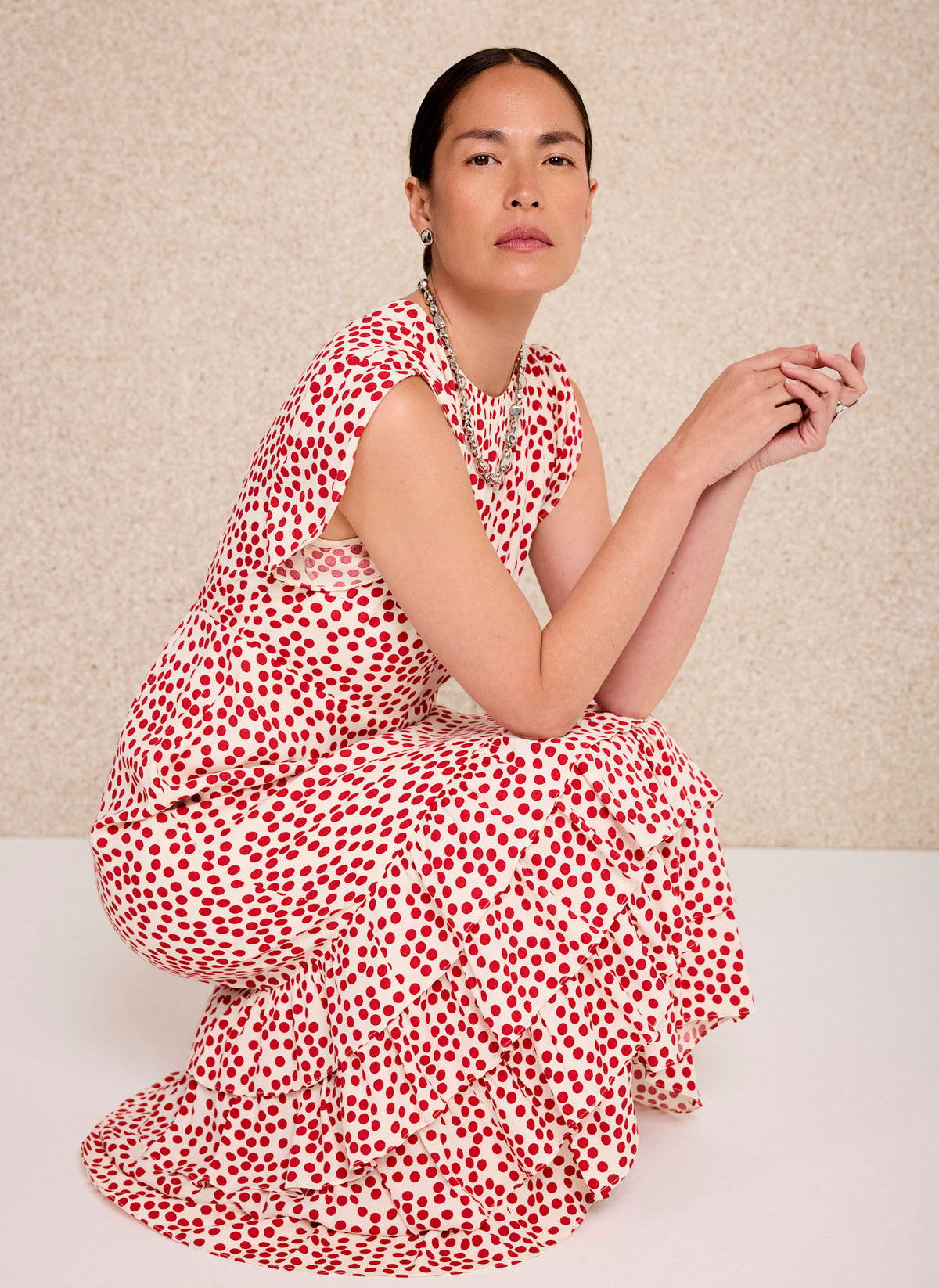 mint velvet cream geometric print ruffle midi dress Mint Velvet Women's Geo Print Ruffle Midi Dress