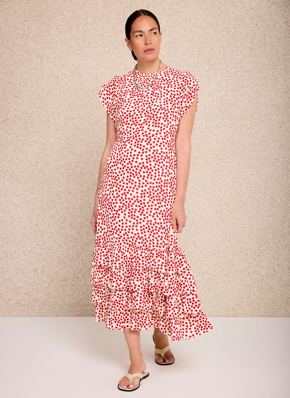 Red Polka Dot Ruffle Midi Dress