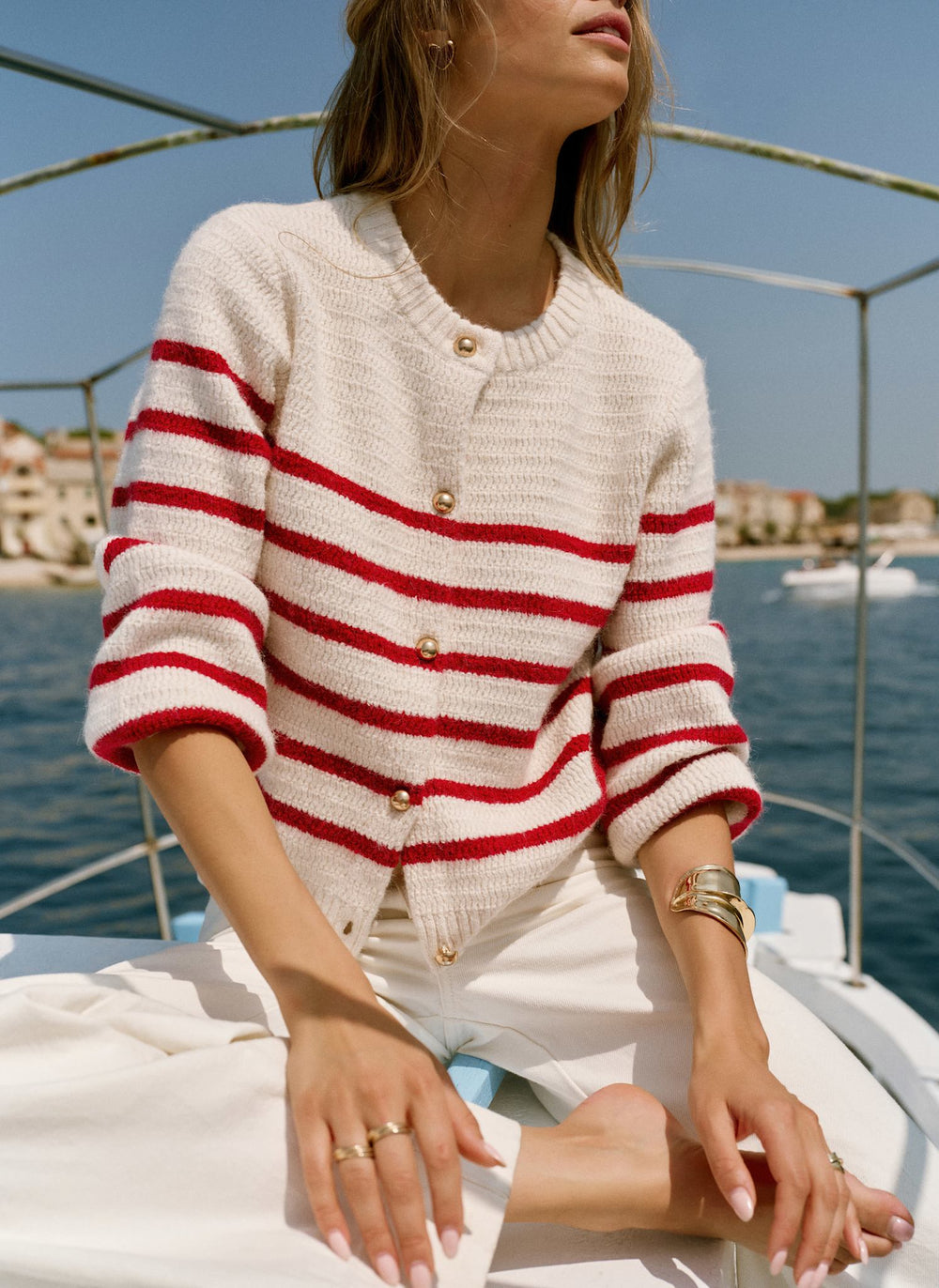 Red Wool Blend Stripe Knit Cardigan