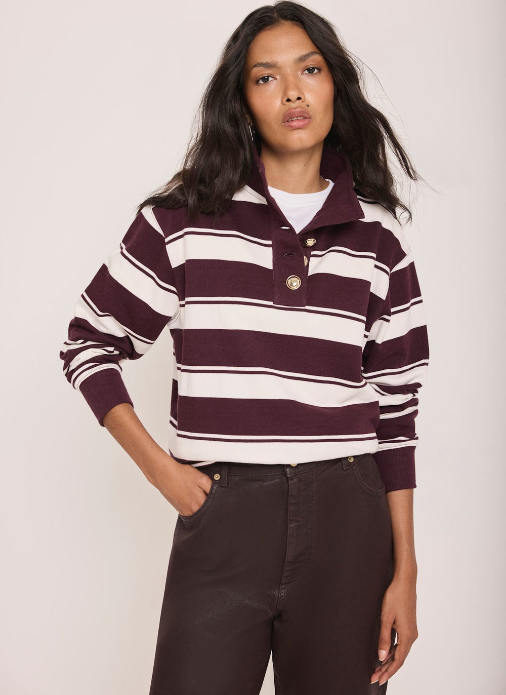 Burgundy Striped Cotton Funnel Neck Sweatshirt