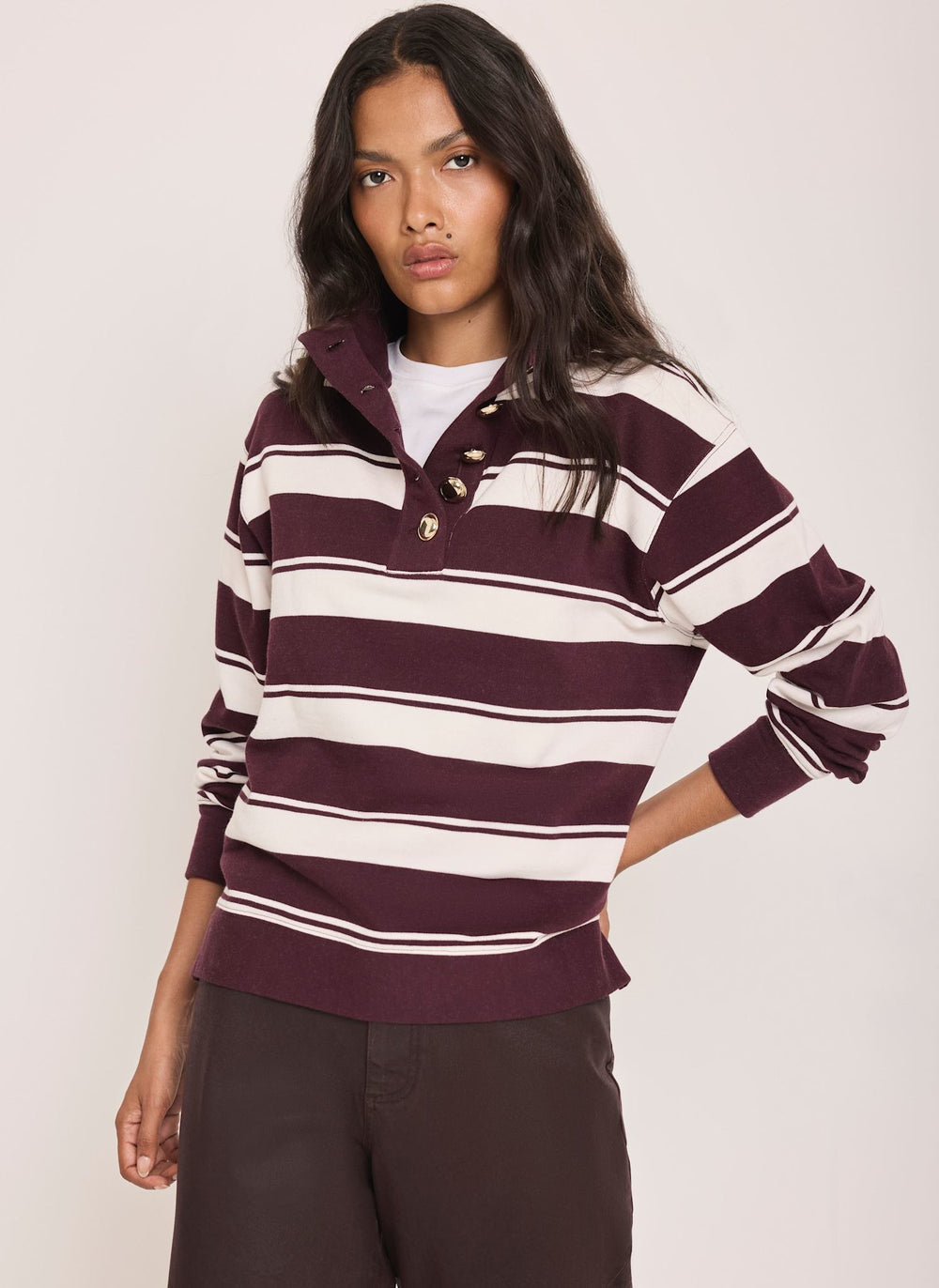 Burgundy Striped Cotton Funnel Neck Sweatshirt